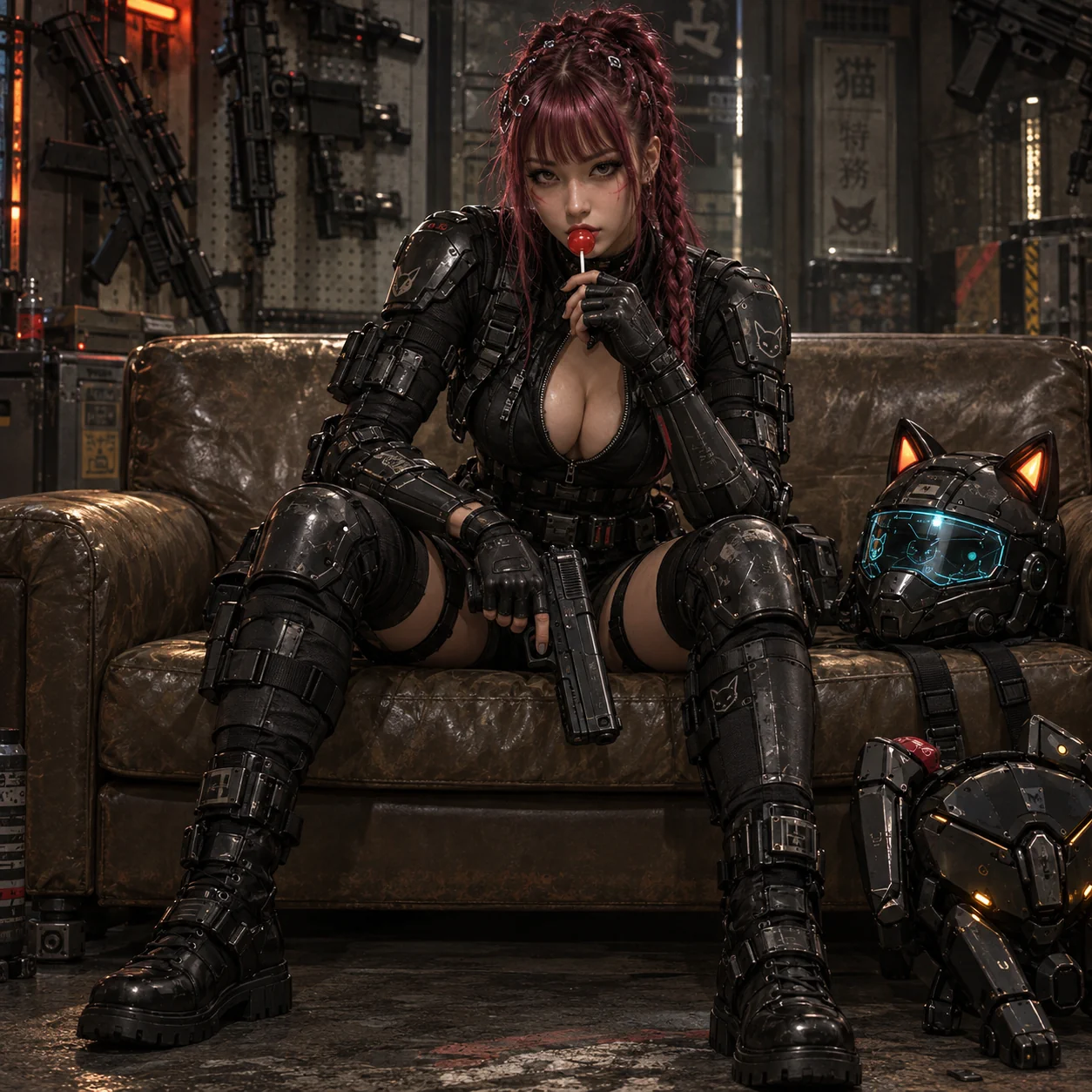 Silvija in the barracks with tight braids relaxing on a seedy couch holding a pistol and a lollipop to her mouth